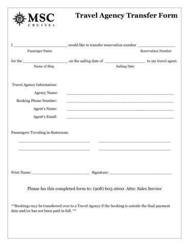 <strong>Travel Agency</strong> Application <strong>Form</strong> Details File Format PDF Size: 1 MB Download For your <strong>travel agency</strong> to have a green light to begin its operation, you must always fill in the application <strong>form</strong> where you give a detailed and general information at the same time include your booking channels, the payments option for <strong>agencies</strong> and invoice departments. . Msc travel agency transfer form